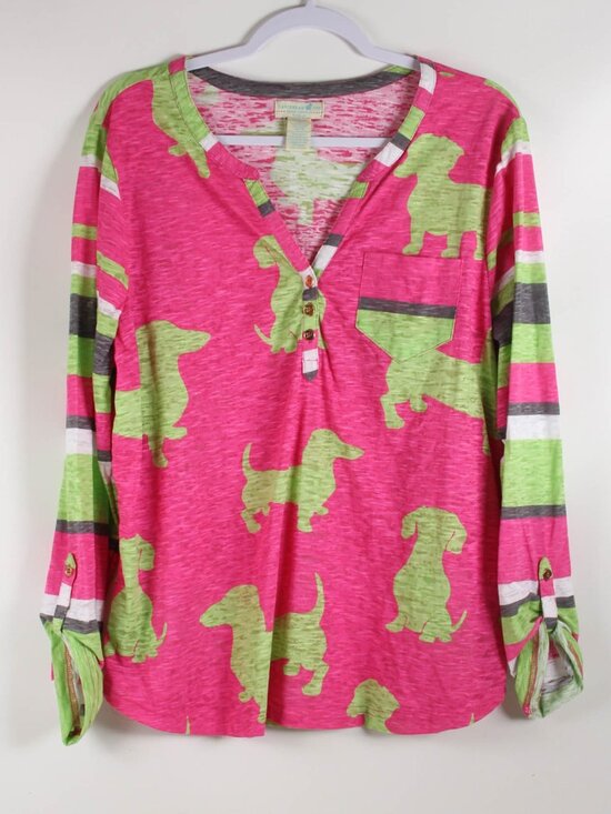 Caribbean Joe Tops - Caribbean Joe XL Pink Green Dachshund Dog Print Henley Top